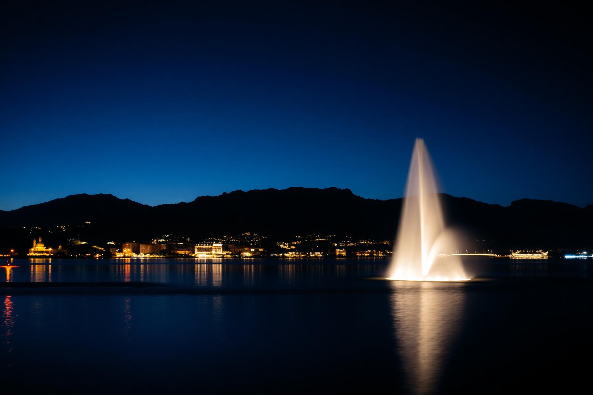 Lake Geneva at blue hour with the Jet d'Eau